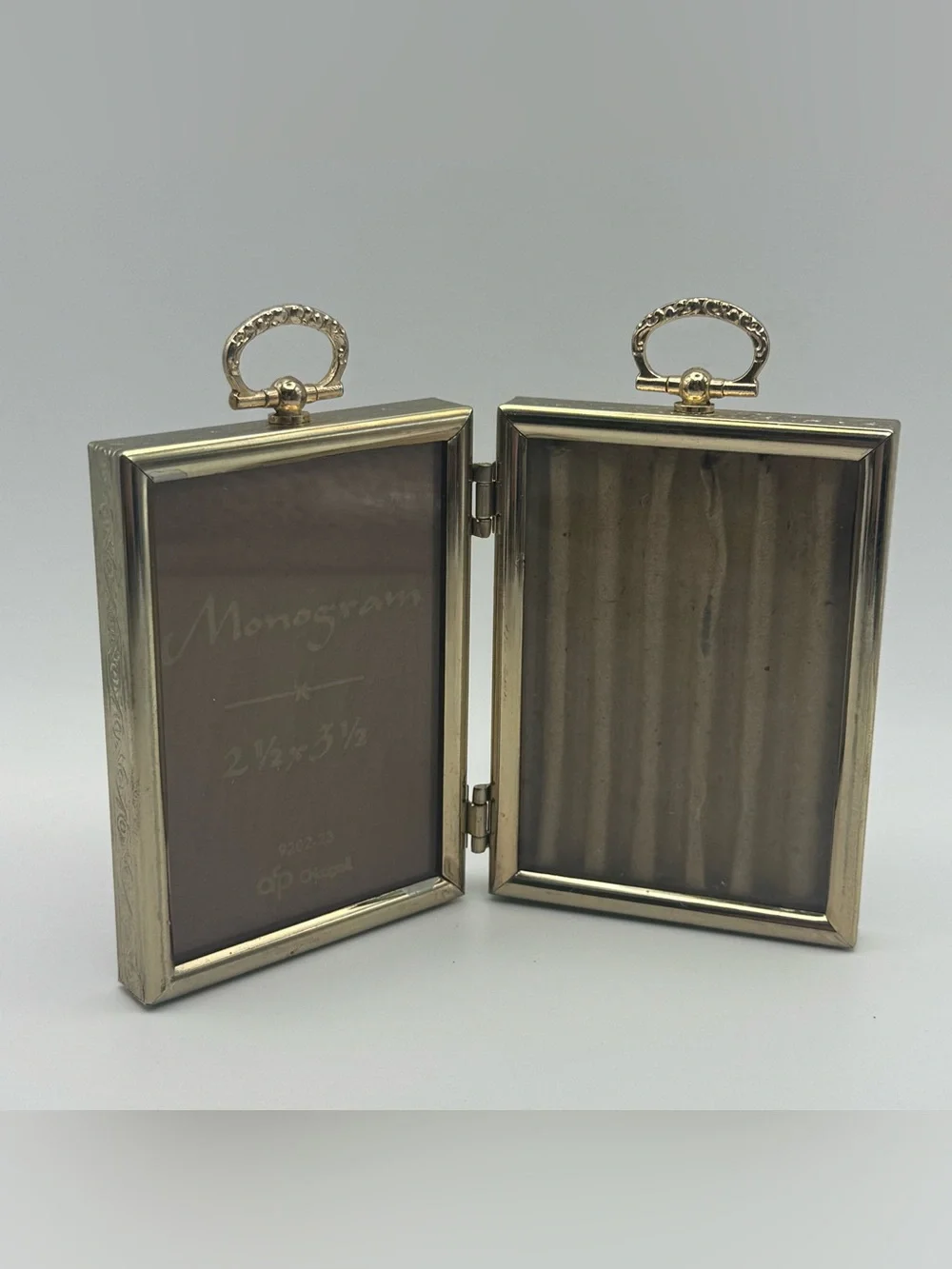 Vintage Monogram Brass Tone Double Hinged Picture Frame 2.5x3.5 Folding Photo